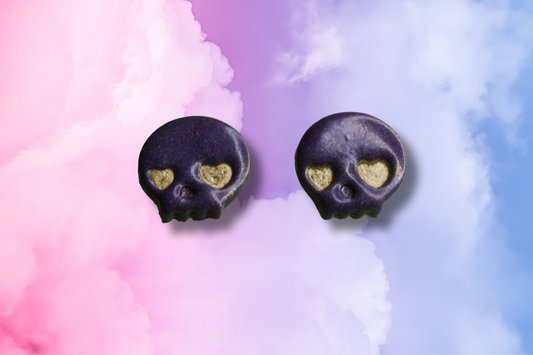 Purple and Gold Heart Eyed Skull Studs