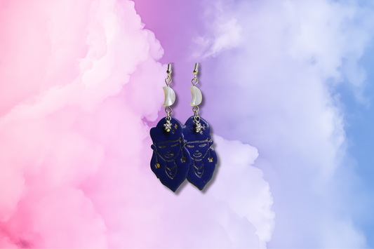 Dark Blue Witch with Star and Shell Moon Earrings