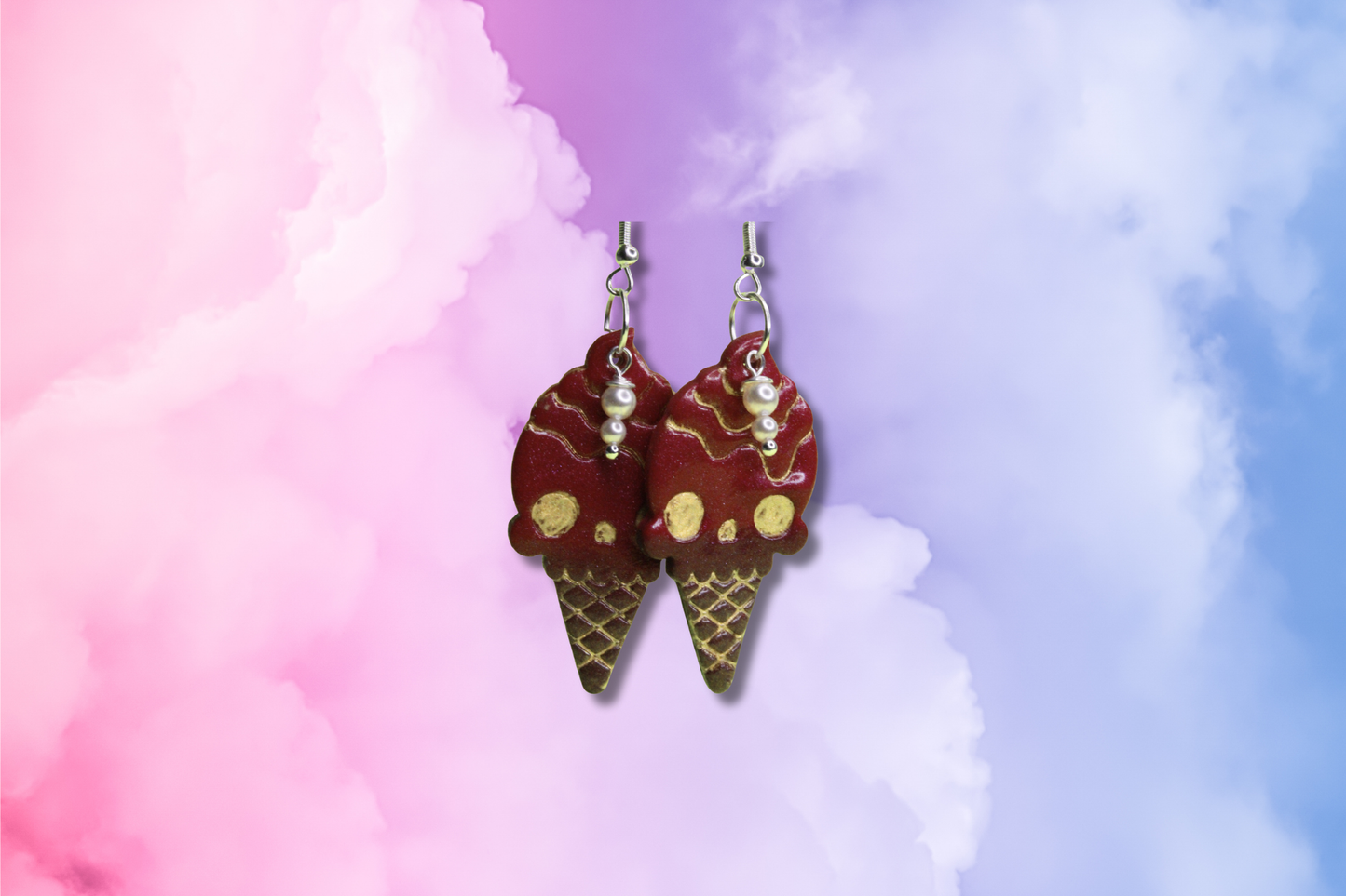 Strawberry Ice-cream Skull with Pearl Swarovski Earrings