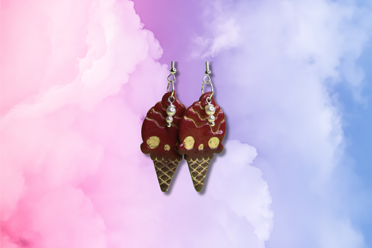 Strawberry Ice-cream Skull with Pearl Swarovski Earrings