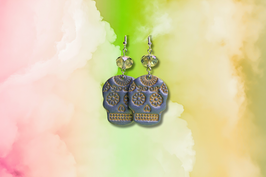 Blue Day of the Dead Skull with Large Green Crystal Earrings
