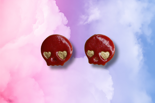 Red and Gold Heart Eyed Skull Studs