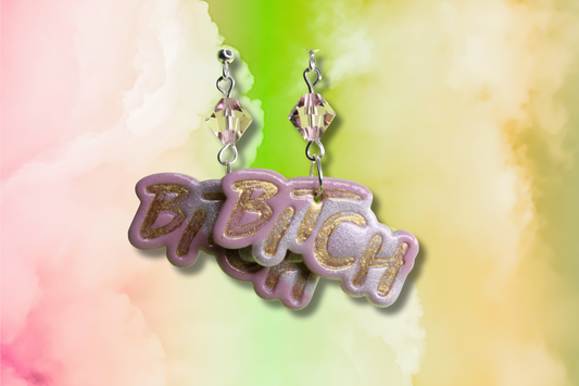 Pink and White BITCH with Large Pink Swarovski Earrings