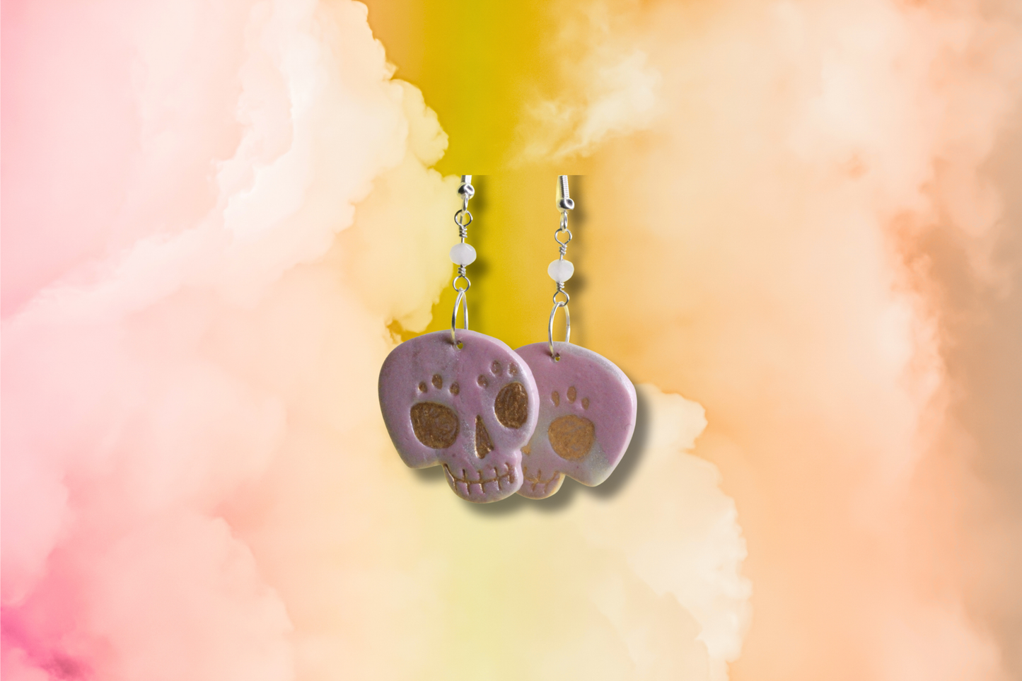 Pink and White Day of the Dead Skull on Pink Bead Chain Earrings