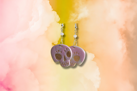 Pink and White Day of the Dead Skull on Pink Bead Chain Earrings