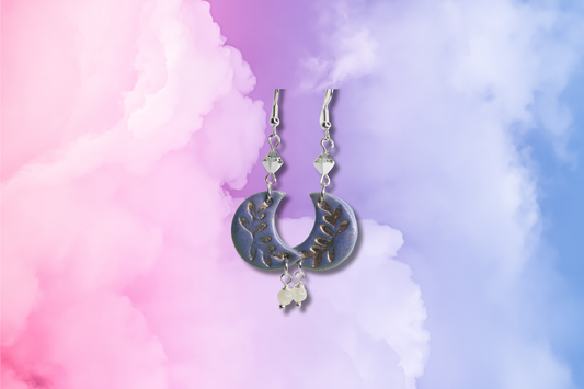 Blue Crescent Moon with Moonstone and Silver Swarovski Earrings