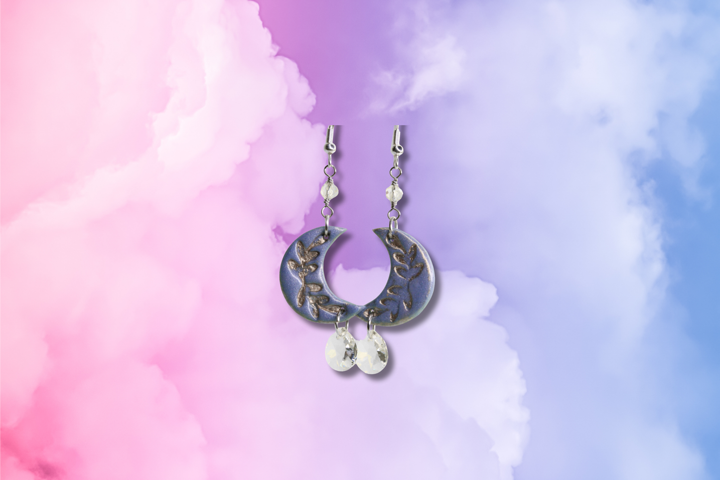 Blue Crescent Moon with Clear Crystal Drop on Pink Bead Chain Earrings