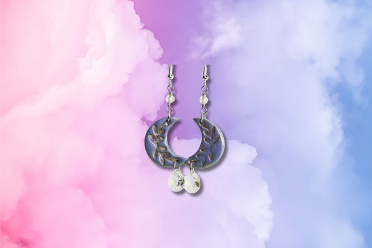 Blue Crescent Moon with Clear Crystal Drop on Pink Bead Chain Earrings