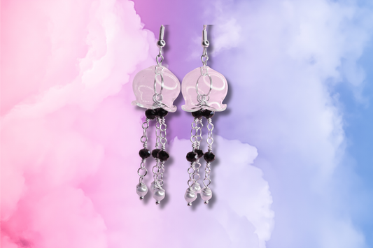 Clear Glass Jellyfish, Black Bead Chain and Green Swarovski Earrings