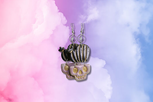 Pink Skull Pot with Black Cactus and Frosted Pink Swarovski Earrings