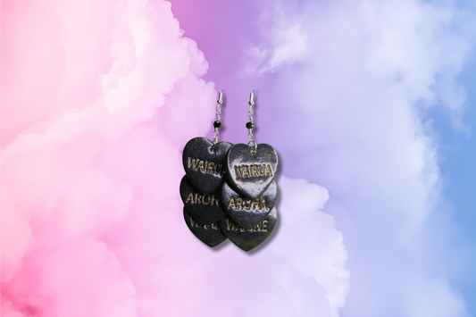 Black Hearts WAIRUA/AROHA/WAHINE on Black Bead Chain Earrings
