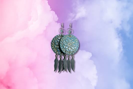 Green Dreamcatcher with Green Feathers and Blue Swarovski Earrings