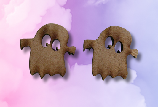Ghost-shaped earrings on a colorful watercolor background