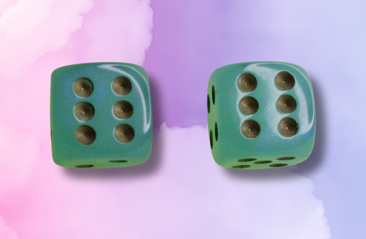 Two green dice with brown dots on a pastel pink, purple, and blue background