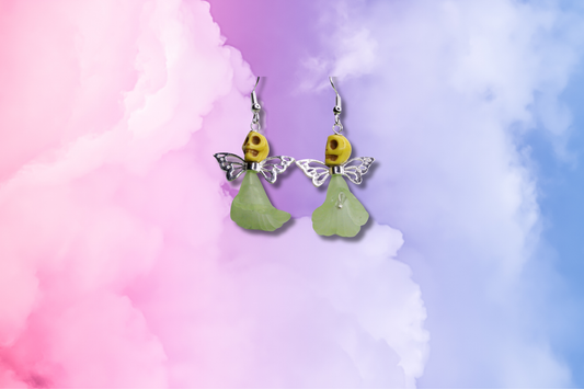 Green Flower Yellow Skull Fairy on Clear Swarovski Earrings