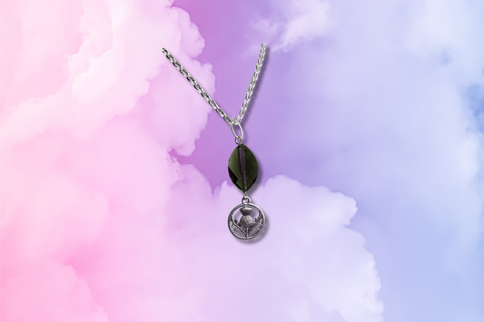 Purple Oval Crystal, Scottish Thistle on Chain Necklace