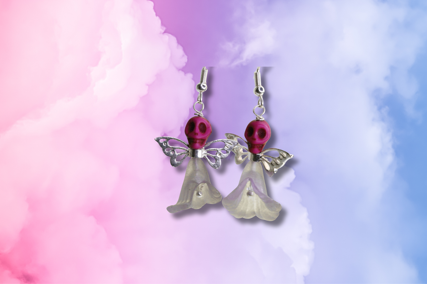 Purple Pink Flower Pink Skull Fairy on Clear Swarovski Earrings