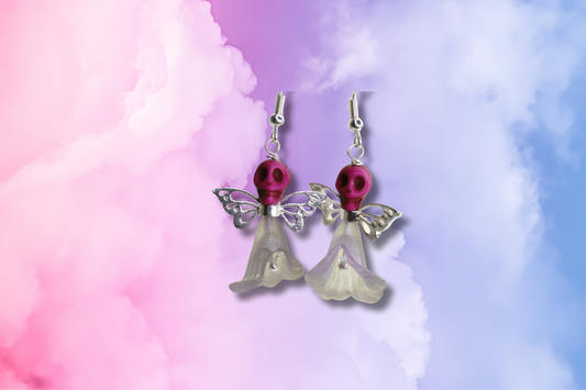 Purple Pink Flower Pink Skull Fairy on Clear Swarovski Earrings