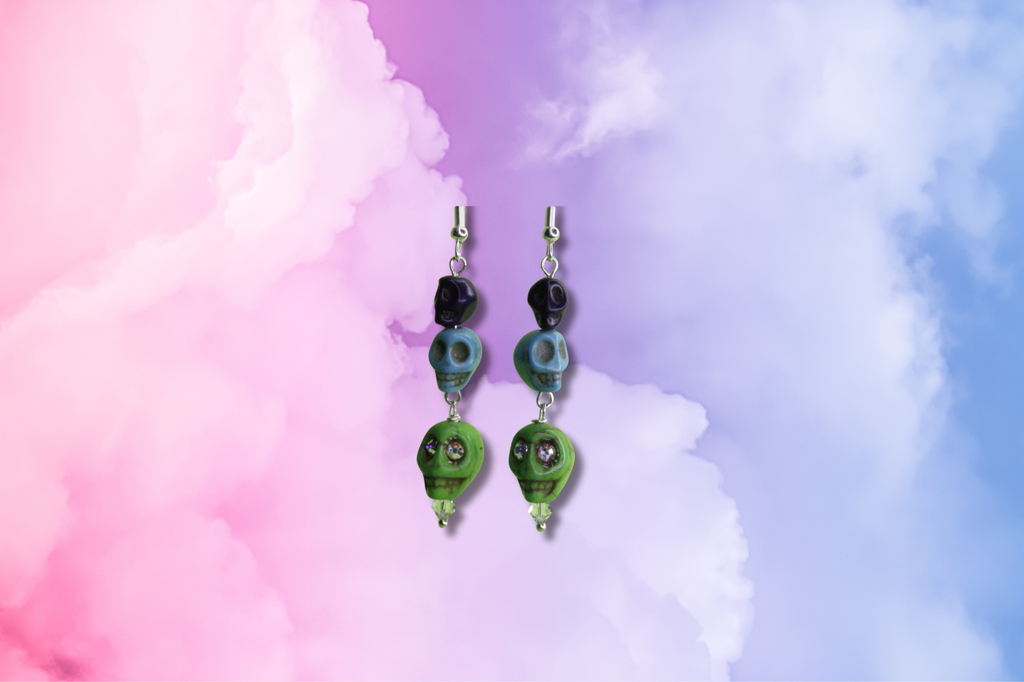 Howlite Stack with Purple, Blue and Green Crystal Eyed Skulls on Clear Swarovski Earrings