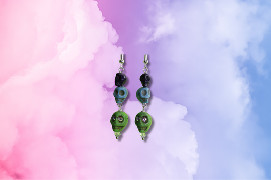 Howlite Stack with Purple, Blue and Green Crystal Eyed Skulls on Clear Swarovski Earrings