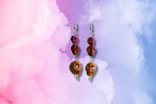 Howlite Stack of Purple, Blue, and Green Crystal Eyed Skulls with Clear Swarovski Earrings
