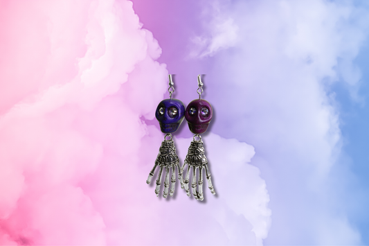 Purple Shades Crystal Eyed Howlite Skulls with Skeleton Hands Earrings