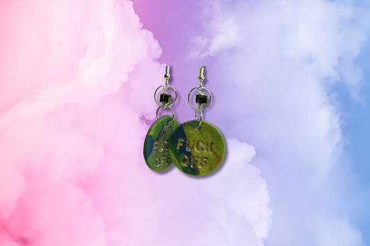Multi Color FUCK OFF Circle with Tiny Black Square Swarovski Earrings