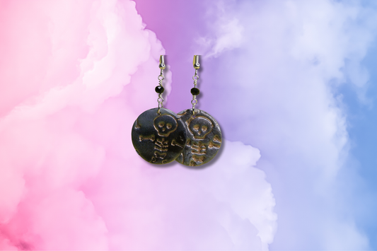 Black and White Skeleton Circle with Black Bead Chain Earrings