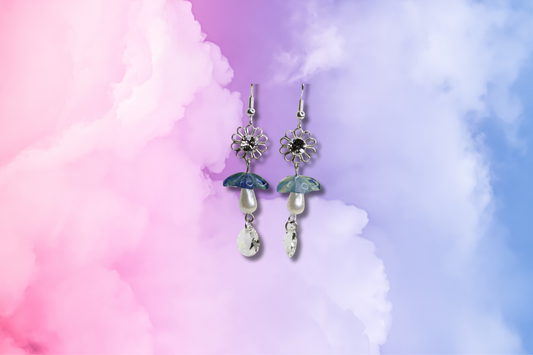 Blue Mushroom Flower with Glass Drop and Flower Swarovski Earrings