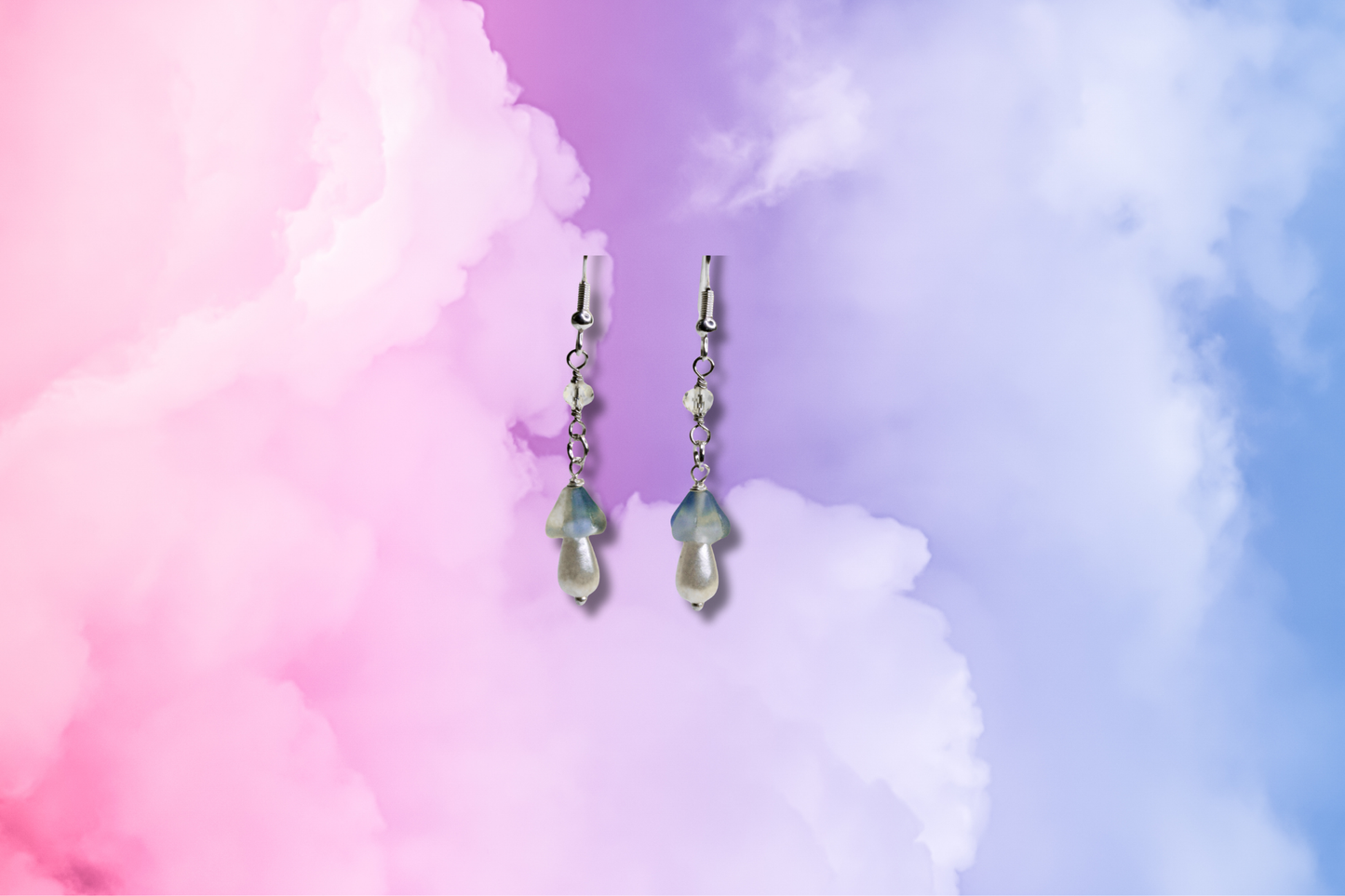 Small Blue Mushroom Flower on Clear Bead Chain Earrings