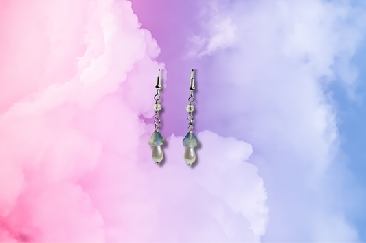 Small Blue Mushroom Flower on Clear Bead Chain Earrings