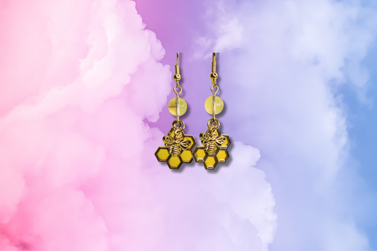 Yellow Honeycomb with Gold Bee and Citrine Earrings
