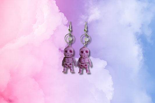 Tiny 3D Pink Skeleton on Pink Bead Chain Earrings