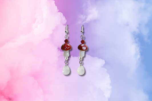 Red Glass Mushroom with Clear Glass Drops on Red and Clear Swarovski Earrings