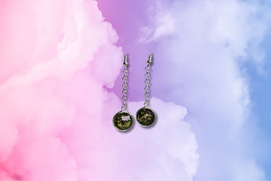 Black with Gold Circle on Silver Chain Earrrings