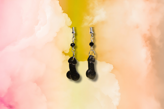 Black and Gold Penis on Black Bead Chain Earrings