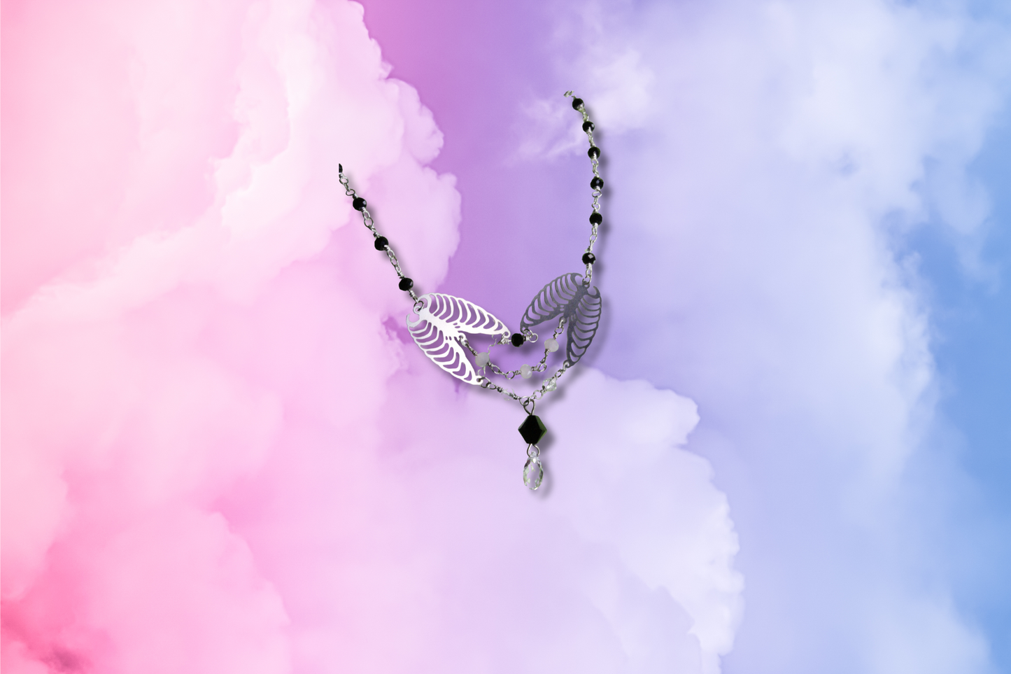 Ribcages, Black and Clear Drop Swarovski, Clear, Black, Pink Glass Bead Chain Necklace