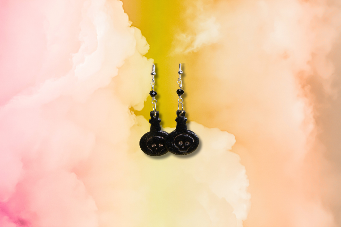 Black Skull Bottle with Black Bead Chain Earrings