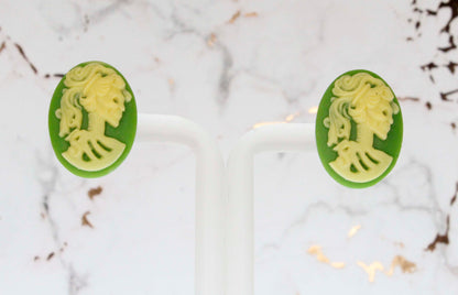 Green Skeleton Lady Cameo Studs