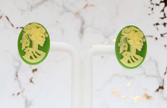 Green Skeleton Lady Cameo Studs